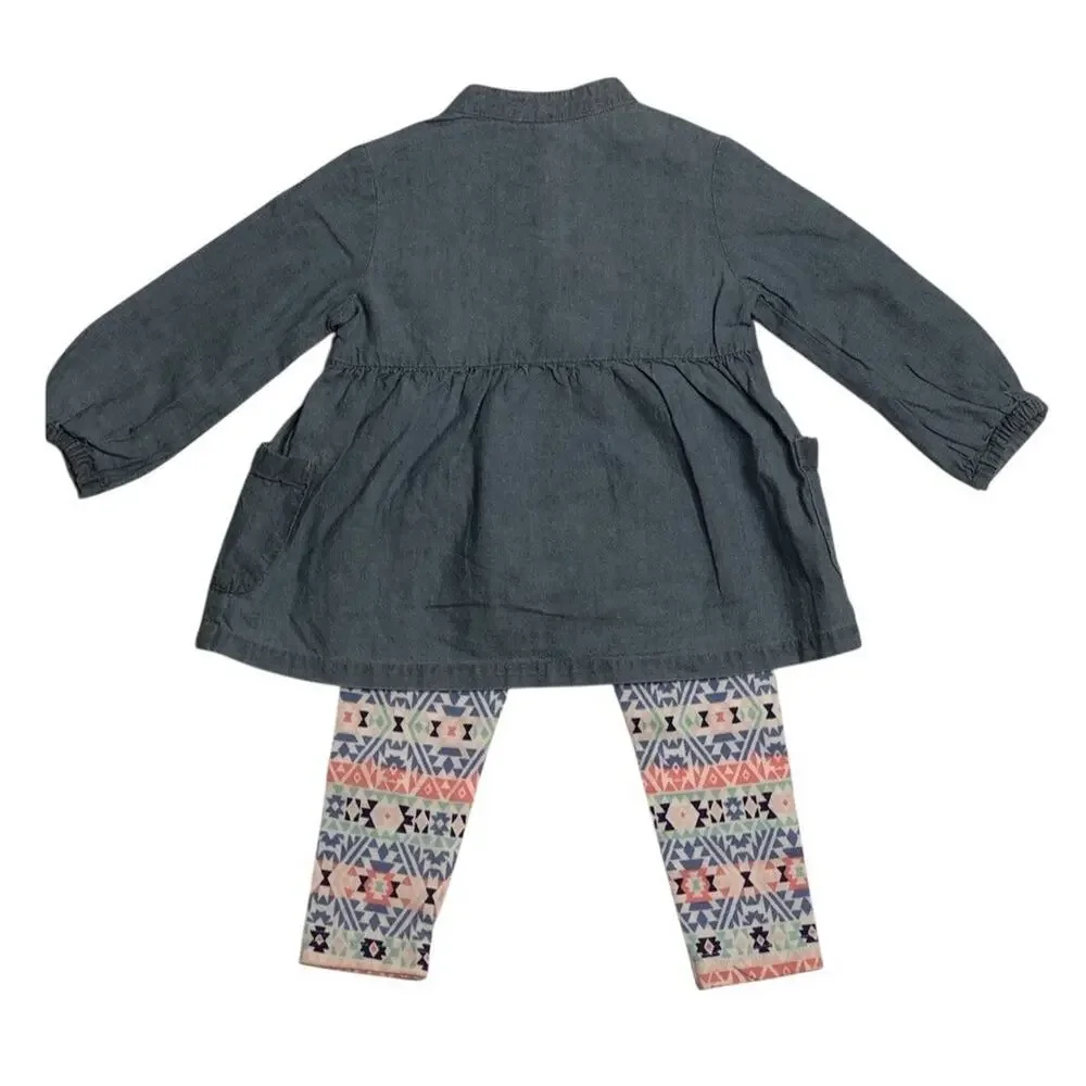 Carters Baby Girls Outfit Chambray Long Sleeve Denim Shirt Aztec‎ Leggings 12 M